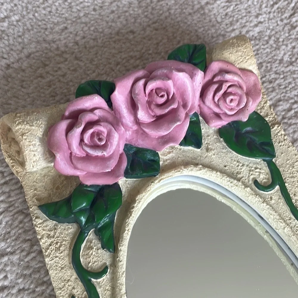 Vintage Victorian Roses Vines Cream Scroll Oval Mirror w/ Ledge Floral Antique